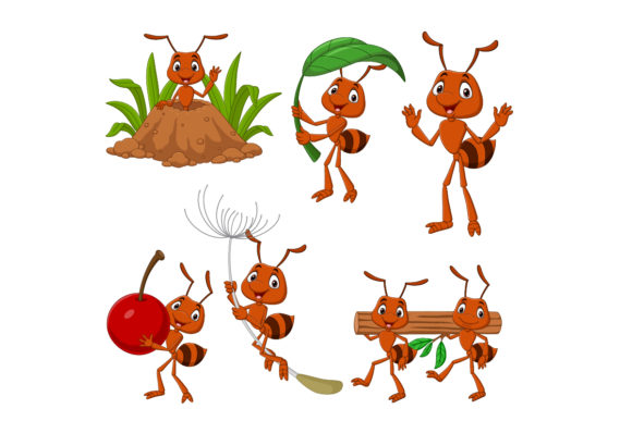 Set of Six Cartoon Brown Ant Graphics & Illustrations