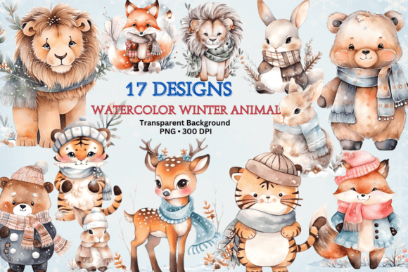 Watercolor Winter Animal Clipart: Graphics & Illustrations